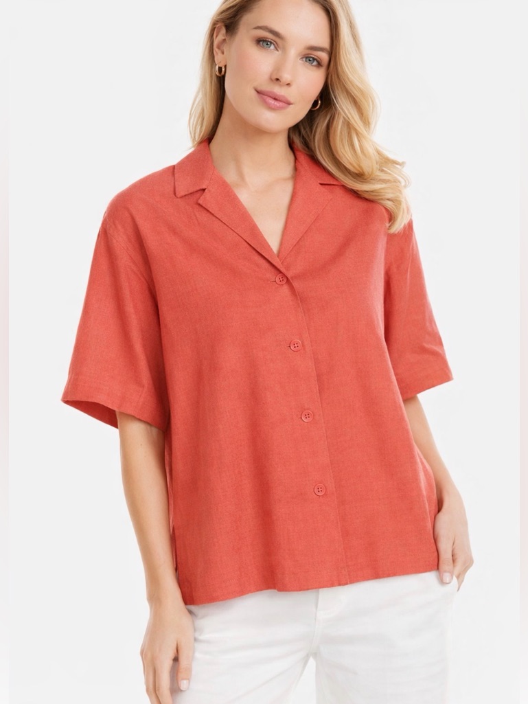 Rebecca Taylor Linen Blend Cabana Camp Shirt Coral Button Front Top M